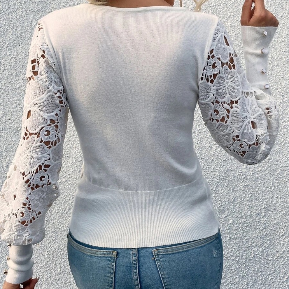 Embroidered Floral Butto Sleeve Fitted Sweater Top - Picture 4 of 5